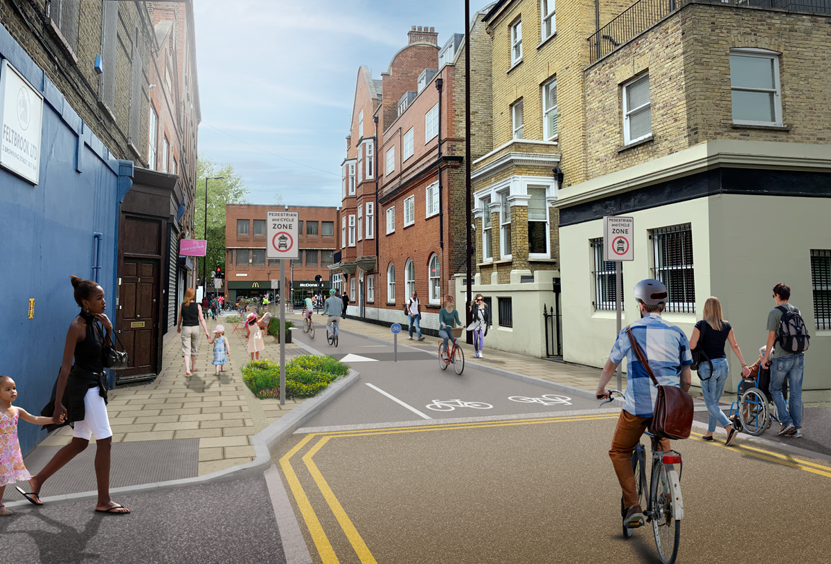 People walking and biking around proposed Browning Street junction of Colworth Grove